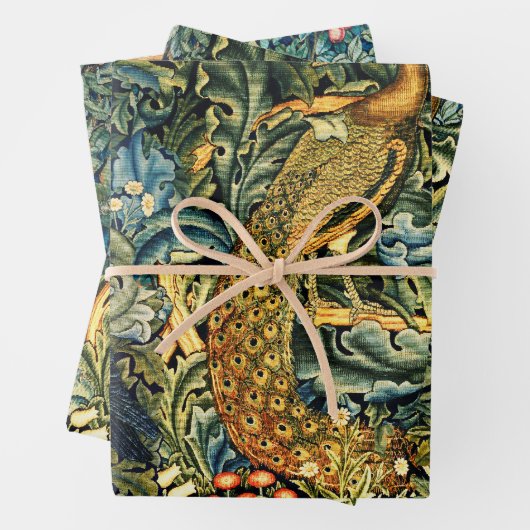 BOS DIEREN, RAVEN, VOS, PAUW Blauw Groen Bloemen Inpakpapier Vel (In situ)