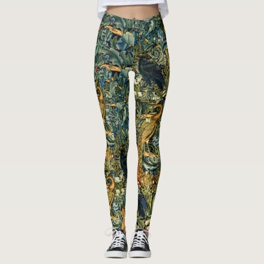 BOS DIEREN, RAVEN, VOS, PAUW Blauw Groen Bloemen Leggings (Voorkant)