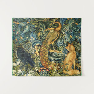 BOS DIEREN, RAVEN, VOS, PAUW Blauw Groen Bloemen Wandkleed