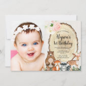 Bos dieren rustieke bloemen roze groen meisje kaart (Voorkant)