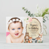 Bos dieren rustieke bloemen roze groen meisje kaart (Staand voorkant)