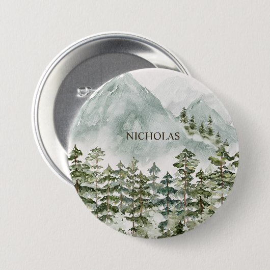 Bos en Berg Natuur Waterverf Ronde Button 7,6 Cm (Voorkant /achterkant)