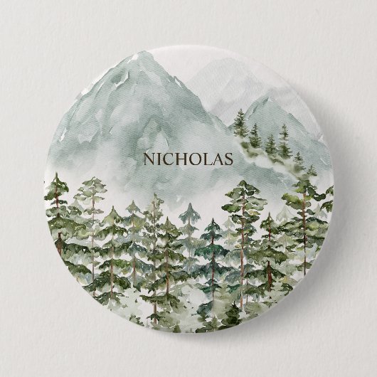 Bos en Berg Natuur Waterverf Ronde Button 7,6 Cm (Voorkant)