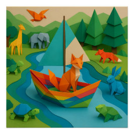 Bos Gevouwen Dieren – Kleurrijke Origami Wildlife  Perfect Poster