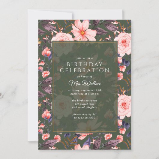 Bos groen + Blush roze bloemig | Tuin Verjaardag Kaart (Voorkant)