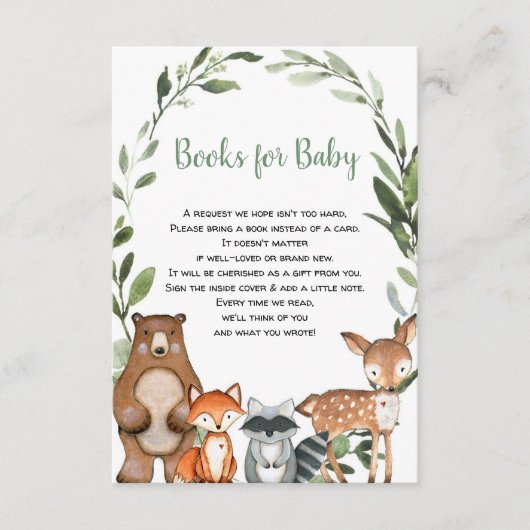 Bos groen dieren boek aanvraag baby shower informatiekaartje (Voorkant)