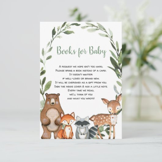 Bos groen dieren boek aanvraag baby shower informatiekaartje (Staand voorkant)