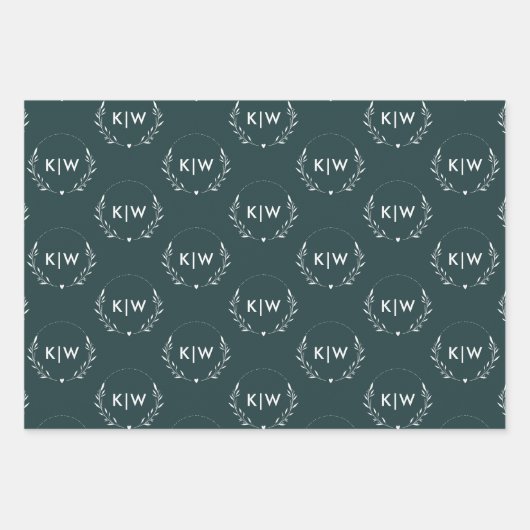 Bos groen en wit | Monogram moderne Initialen Inpakpapier Vel (Voorkant)