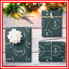 Bos groen en wit | Monogram moderne Initialen Inpakpapier Vel