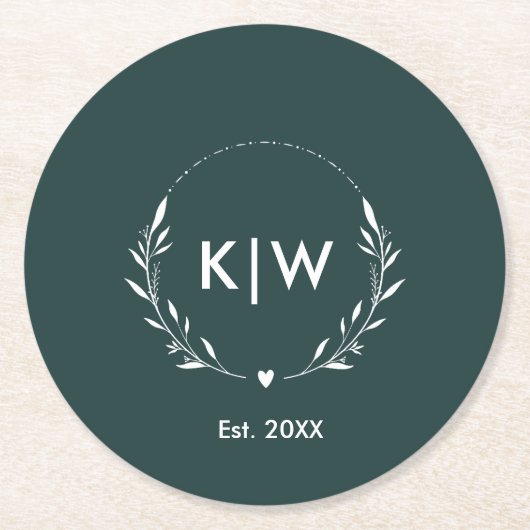 Bos groen en wit | Monogram moderne Initialen Ronde Kartonnen Onderzetter (Voorkant)