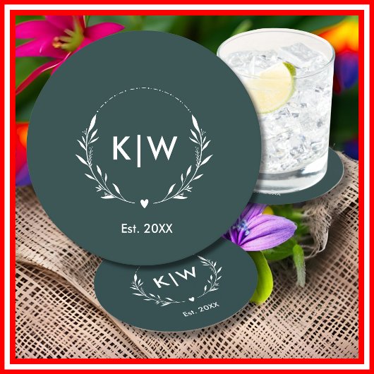 Bos groen en wit | Monogram moderne Initialen Ronde Kartonnen Onderzetter