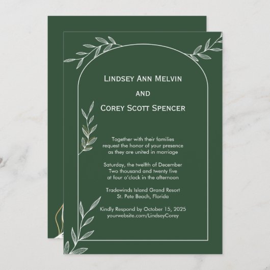 Bos Groen Goud Blad Bruiloft Uitnodiging (Voorkant / Achterkant)