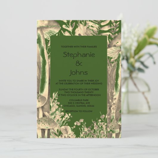 Bos Groen Goud Kunst Mushroom Woodland Bruiloft Kaart (Staand voorkant)