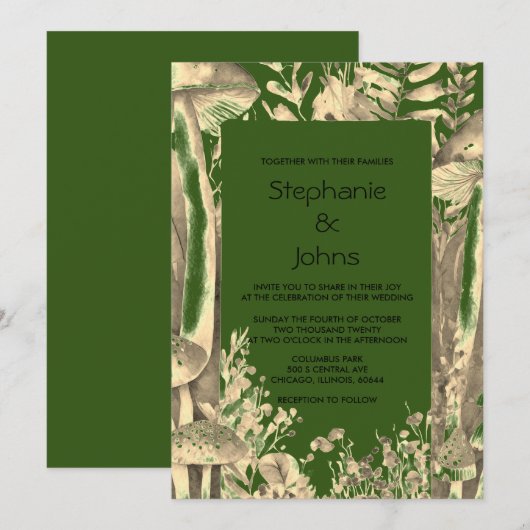 Bos Groen Goud Kunst Mushroom Woodland Bruiloft Kaart (Voorkant / Achterkant)