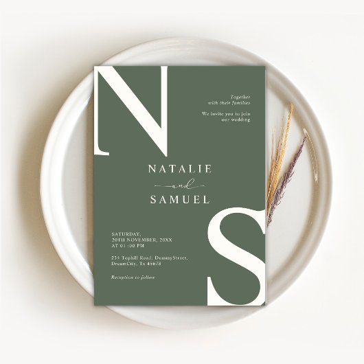 Bos Groen Minimalistisch Elegant Bold Initiaal Wed Kaart