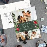 Bos Groen Modern Script Foto Vakantie Briefkaart<br><div class="desc">Dit collectie is voorzien van waterverf rode bloemen,  bessen & wintergroen met een moderne en elegante typografie,  met een winterbotanische patroonrug.</div>