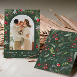 Bos Groen Moderne Boog 1 Foto Vrolijk Kerstfeest Feestdagenkaart<br><div class="desc">Dit collectie is voorzien van waterverf rode bloemen,  bessen & wintergroen met een moderne en elegante typografie,  met een winterbotanische patroonrug.</div>