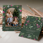 Bos Groen Roze Botanisch Bladblad Arch Foto Feestdagenkaart<br><div class="desc">Dit collectie is voorzien van waterverf felroze bloemblaadjes,  bessen & wintergroen met een moderne en elegante typografie,  met een winterbotanische patroonrug.</div>