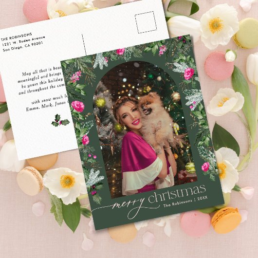 Bos Groen Roze Botanische Boog 1 Foto Kerstmis Briefkaart