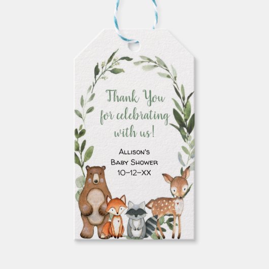 Bos groen schattige dieren baby shower cadeaulabel (Voorkant)