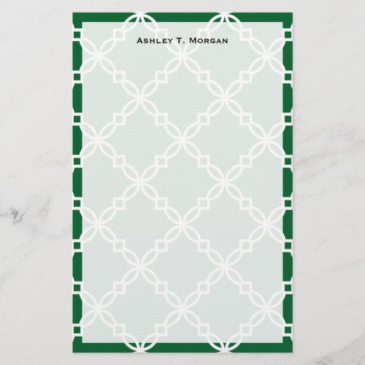 Bos Groen Wit Groot Fancy Quatrefoil Patroon Briefpapier (Voorkant)