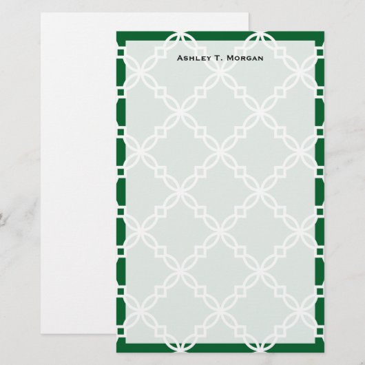 Bos Groen Wit Groot Fancy Quatrefoil Patroon Briefpapier (Voorkant / Achterkant)