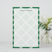 Bos Groen Wit Groot Fancy Quatrefoil Patroon Briefpapier (Staand voorkant)