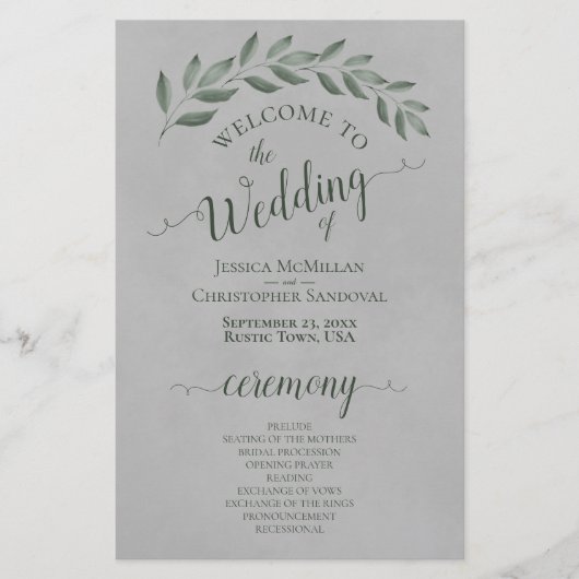 Bos Groene Bladeren op Grijs Budget Bruiloft Progr (Voorkant)
