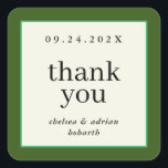 Bos Groene Grens Eenvoudige Huwelijksgunst Vierkante Sticker<br><div class="desc">Maak een statement van ingetogen elegantie met deze eenvoudige,  op tekst gebaseerde bruiloft gunst dank u sticker label met een rand van rijke bos groen en een klein accent van Kelly groen. Gebruik de aanpassingsoptie om de kleuren en lettertypen aan te passen aan uw huwelijksthema.</div>