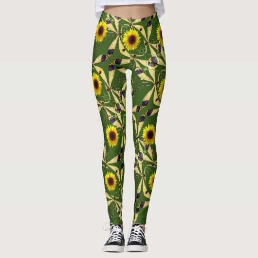 Bos Groene Zonnebloem Dragenfly Leggings (Voorkant)