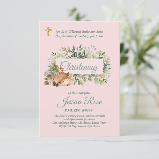 Bos herten meisjes doop uitnodigingen Doopfeest (Staand voorkant)