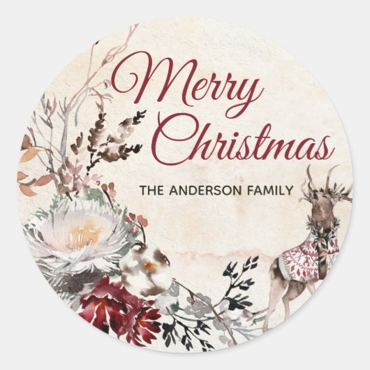 Bos Herten Vrolijk Kerstfeest met Naam Ronde Sticker (Voorkant)