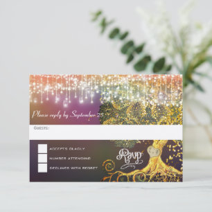 Bos Houten Potje Sprookje Paars en Goud Trouwfeest RSVP Kaartje