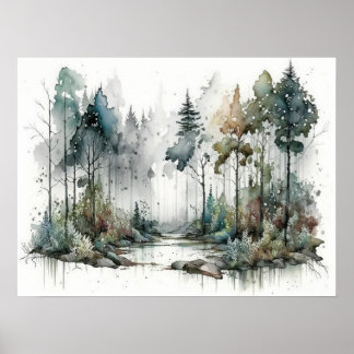 Bos in de Gentle Rain Waterverf Poster