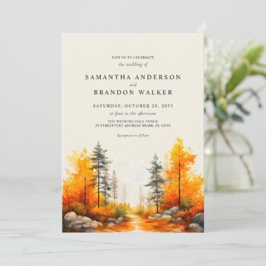 Bos in herfstkleuren bruiloft Uitnodiging (Staand voorkant)