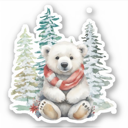 Bos Kerstbomen Polar Beer met Rode Sjaal Sticker (Voorkant)