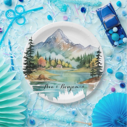 Bos Lakeside Kleurrijke Berg Bruiloft Papieren Bordje (Feest)