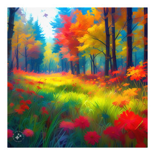 Bos met Kleurrijke Bomen En Bloemen Foto Afdruk