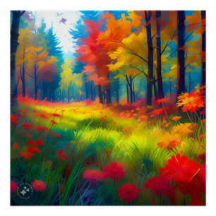 Bos met Kleurrijke Bomen En Bloemen Perfect Poster