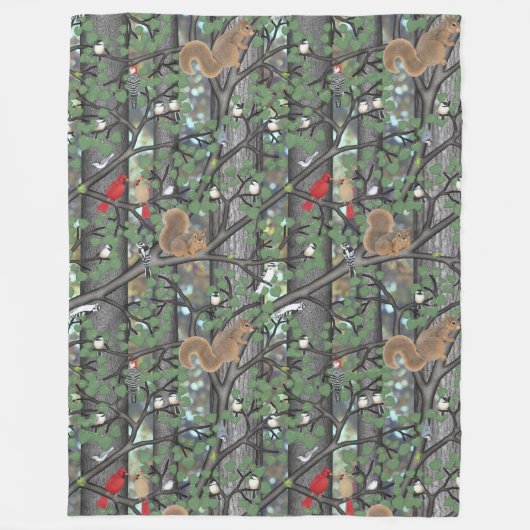 Bos met vogels en eekhoorns fleece deken (Voorkant)