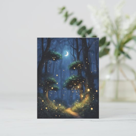 Bos met vuurvlieglichten en halve maan briefkaart (Staand voorkant)