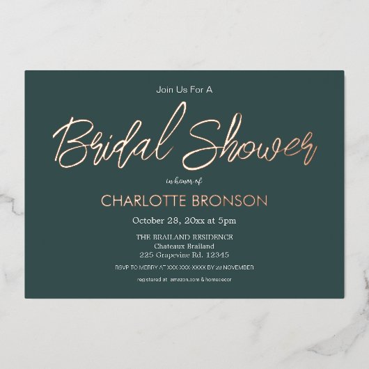 Bos Minimalistisch Script Bruidsfeest Roze Goud Folie Uitnodiging (Voorkant)