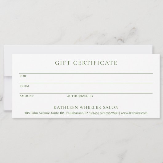 Bos Olijf Groen Elegant Modern Cadeaubon (Achterkant)