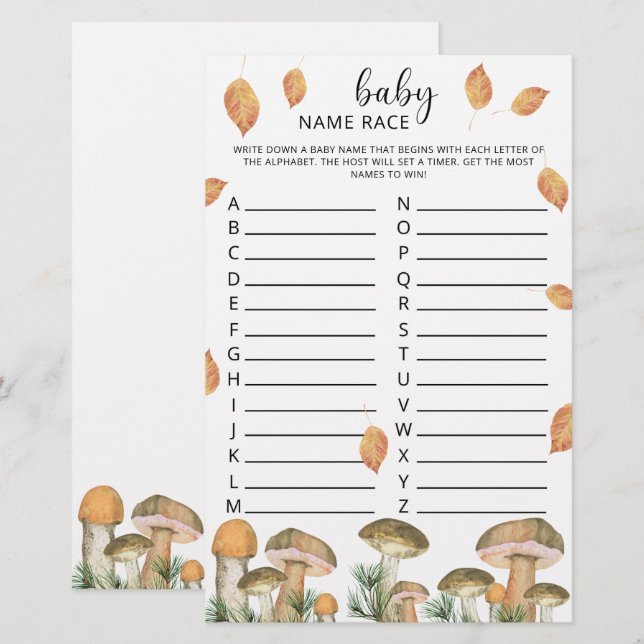 Bos paddenstoelen - babynaam race spel (Voorkant / Achterkant)