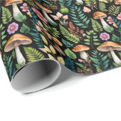 Bos Paddestoel Varen Patroon Zwarte Achtergrond Cadeaupapier (Rol Hoek)