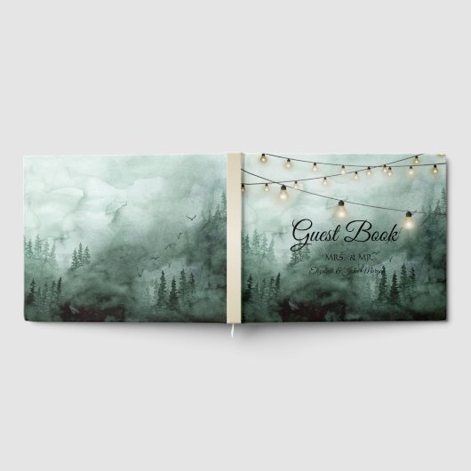 Bos, Pijnbomen, String Lights Green Wedding Gastenboek (Volledig)