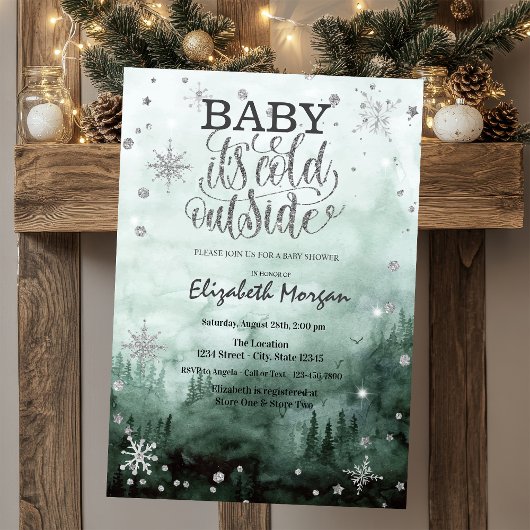 Bos, Pijnbomen, String Lights Groen Baby shower Kaart