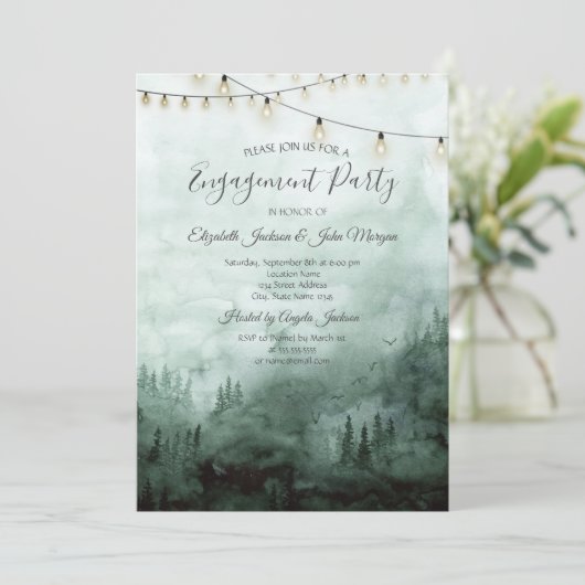 Bos, Pijnbomen, String Lights Groen Verloving Kaart (Staand voorkant)