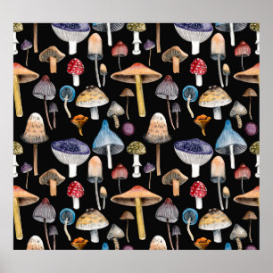 Bos planten: waterverf paddenstoelen, bladeren pat poster