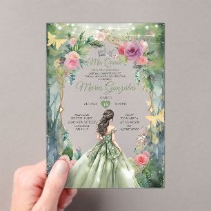 Bos Quinceañera Salie Groene Vlinder Acryl Uitnodigingen